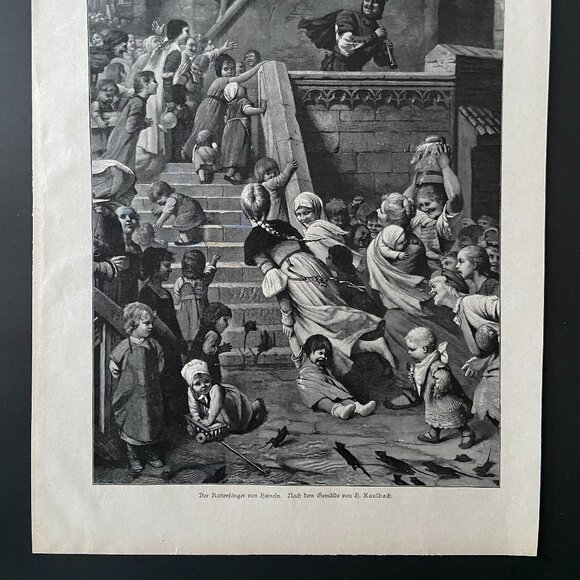 German Print, Antique, Pied Piper of Hamelin - Picture 5 of 5